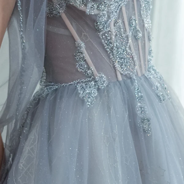 High-end Grey See-through Prom Dresses 2020 A-Line / Princess High Neck Puffy Long Sleeve Beading Glitter Tulle Sweep Train Ruffle Backless Formal Dresses