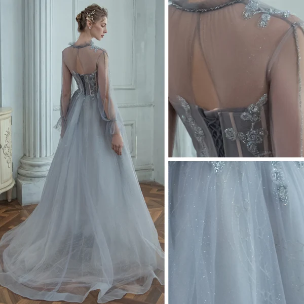 High-end Grey See-through Prom Dresses 2020 A-Line / Princess High Neck Puffy Long Sleeve Beading Glitter Tulle Sweep Train Ruffle Backless Formal Dresses