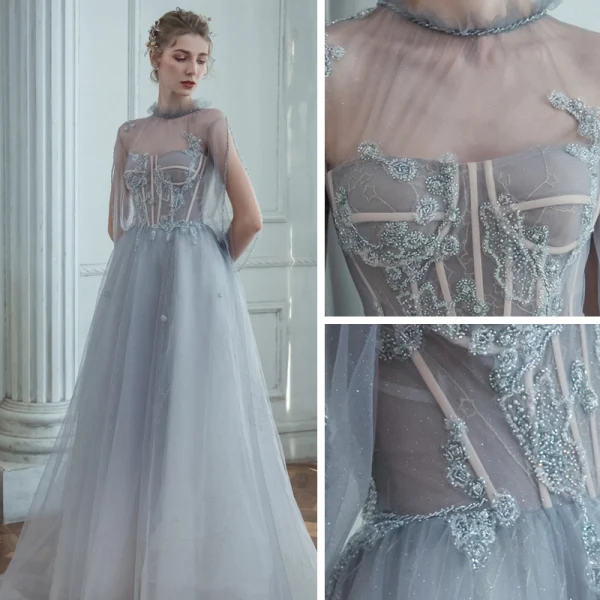 High-end Grey See-through Prom Dresses 2020 A-Line / Princess High Neck Puffy Long Sleeve Beading Glitter Tulle Sweep Train Ruffle Backless Formal Dresses