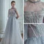 High-end Grey See-through Prom Dresses 2020 A-Line / Princess High Neck Puffy Long Sleeve Beading Glitter Tulle Sweep Train Ruffle Backless Formal Dresses