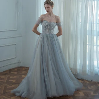 Classy Grey Prom Dresses 2020 A Line Princess Off The Shoulder Short Sleeve Beading Glitter Tulle Sweep Train Ruffle Backless Formal Dresses
