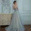 Classy Grey Prom Dresses 2020 A-Line / Princess Off-The-Shoulder Short Sleeve Beading Glitter Tulle Sweep Train Ruffle Backless Formal Dresses