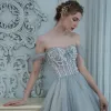 Classy Grey Prom Dresses 2020 A-Line / Princess Off-The-Shoulder Short Sleeve Beading Glitter Tulle Sweep Train Ruffle Backless Formal Dresses