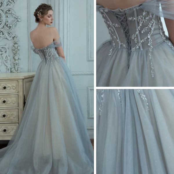 Chic Gris Robe De Bal 2020 Princesse De l'épaule Manches Courtes Perlage Glitter Tulle Train De Balayage Volants Dos Nu Robe De Ceremonie