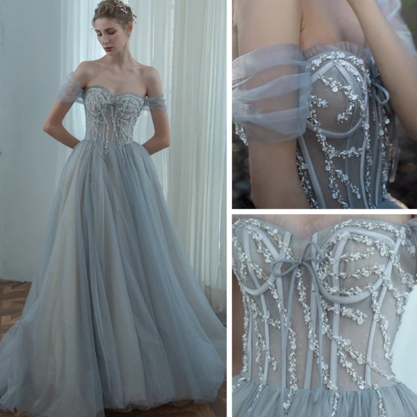 Chic Gris Robe De Bal 2020 Princesse De l'épaule Manches Courtes Perlage Glitter Tulle Train De Balayage Volants Dos Nu Robe De Ceremonie