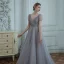 Haut de Gamme Gris Dansant Robe De Bal 2020 Princesse Transparentes Col v profond Manches Courtes Perlage Glitter Tulle Longue Volants Dos Nu Robe De Ceremonie