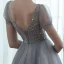 Haut de Gamme Gris Dansant Robe De Bal 2020 Princesse Transparentes Col v profond Manches Courtes Perlage Glitter Tulle Longue Volants Dos Nu Robe De Ceremonie