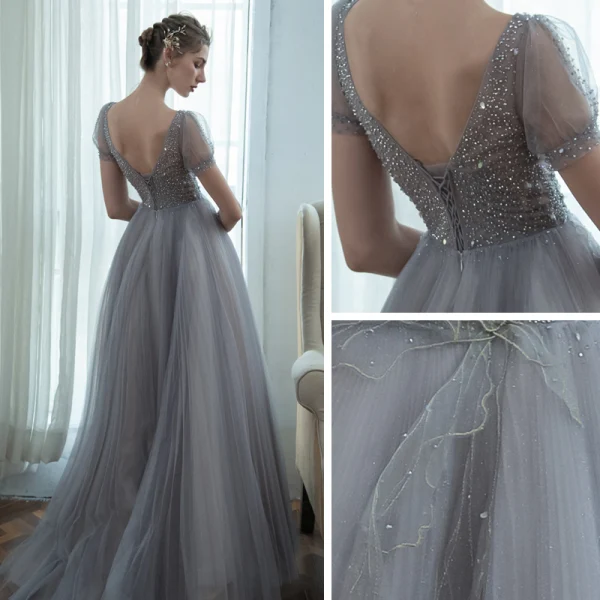 Haut de Gamme Gris Dansant Robe De Bal 2020 Princesse Transparentes Col v profond Manches Courtes Perlage Glitter Tulle Longue Volants Dos Nu Robe De Ceremonie