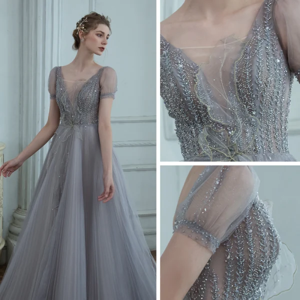 Haut de Gamme Gris Dansant Robe De Bal 2020 Princesse Transparentes Col v profond Manches Courtes Perlage Glitter Tulle Longue Volants Dos Nu Robe De Ceremonie