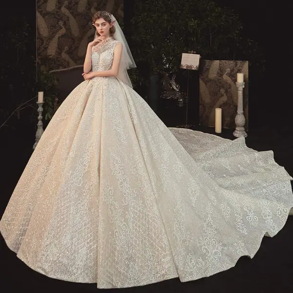 Vintage / Retro Champagne See-through Bridal Wedding Dresses 2020 Ball Gown High Neck Sleeveless Backless Appliques Lace Beading Glitter Tulle Cathedral Train Ruffle