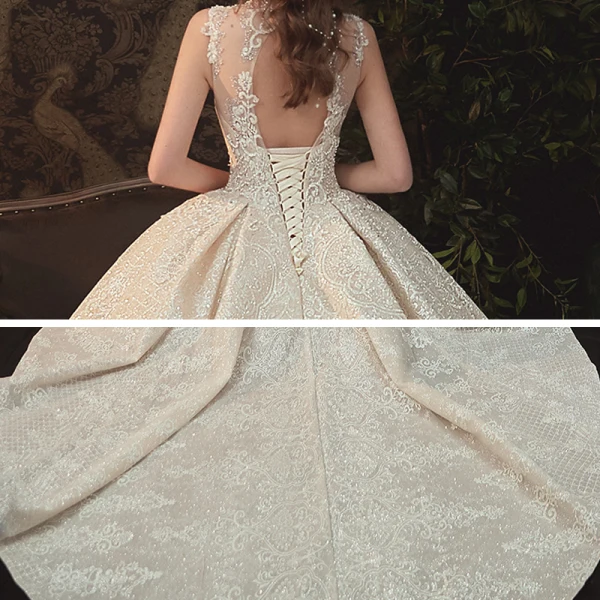 Vintage / Retro Champagne See-through Bridal Wedding Dresses 2020 Ball Gown High Neck Sleeveless Backless Appliques Lace Beading Glitter Tulle Cathedral Train Ruffle