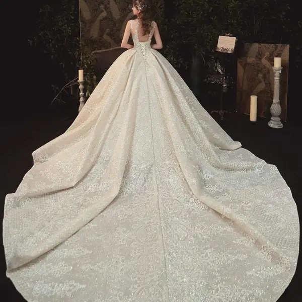 Vintage / Retro Champagne See-through Bridal Wedding Dresses 2020 Ball Gown High Neck Sleeveless Backless Appliques Lace Beading Glitter Tulle Cathedral Train Ruffle
