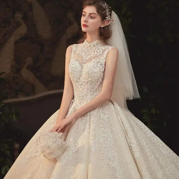 Vintage / Retro Champagne See-through Bridal Wedding Dresses 2020 Ball Gown High Neck Sleeveless Backless Appliques Lace Beading Glitter Tulle Cathedral Train Ruffle