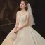 Vintage / Retro Champagne See-through Bridal Wedding Dresses 2020 Ball Gown High Neck Sleeveless Backless Appliques Lace Beading Glitter Tulle Cathedral Train Ruffle