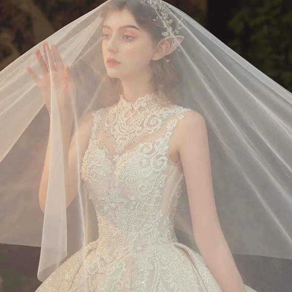 Vintage / Retro Champagne See-through Bridal Wedding Dresses 2020 Ball Gown High Neck Sleeveless Backless Appliques Lace Beading Glitter Tulle Cathedral Train Ruffle