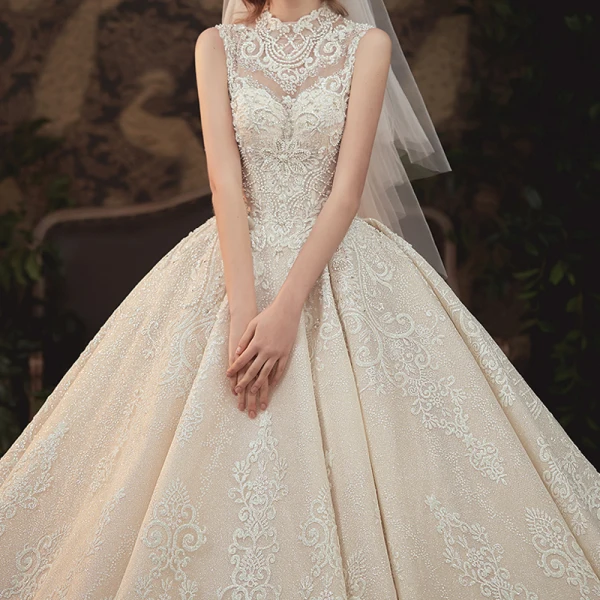 Vintage / Retro Champagne See-through Bridal Wedding Dresses 2020 Ball Gown High Neck Sleeveless Backless Appliques Lace Beading Glitter Tulle Cathedral Train Ruffle