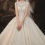 Vintage / Retro Champagne See-through Bridal Wedding Dresses 2020 Ball Gown High Neck Sleeveless Backless Appliques Lace Beading Glitter Tulle Cathedral Train Ruffle
