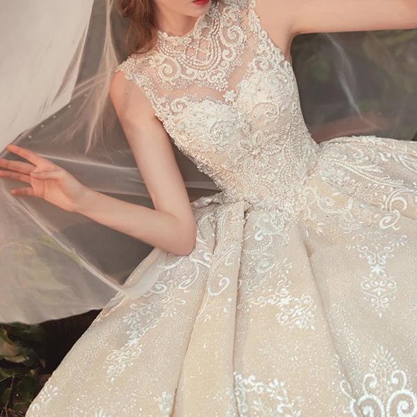 Vintage / Retro Champagne See-through Bridal Wedding Dresses 2020 Ball Gown High Neck Sleeveless Backless Appliques Lace Beading Glitter Tulle Cathedral Train Ruffle