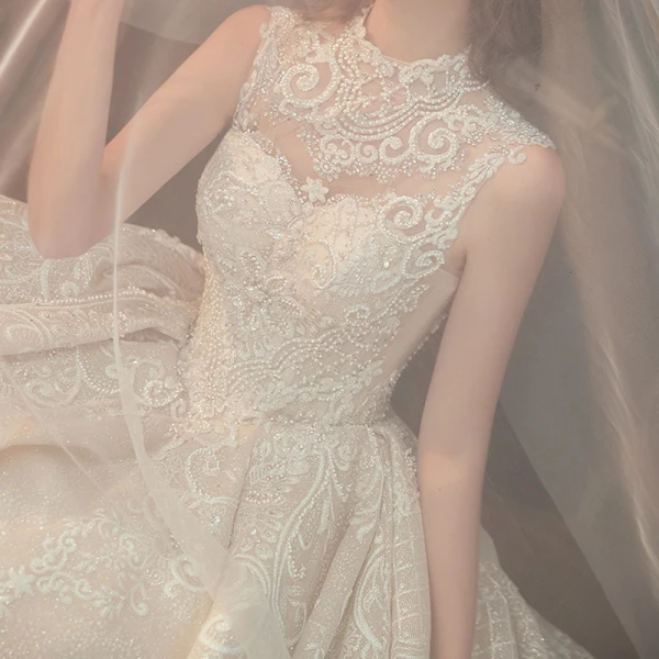 Vintage / Retro Champagne See-through Bridal Wedding Dresses 2020 Ball Gown High Neck Sleeveless Backless Appliques Lace Beading Glitter Tulle Cathedral Train Ruffle