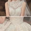 Vintage / Retro Champagne See-through Bridal Wedding Dresses 2020 Ball Gown High Neck Sleeveless Backless Appliques Lace Beading Glitter Tulle Cathedral Train Ruffle