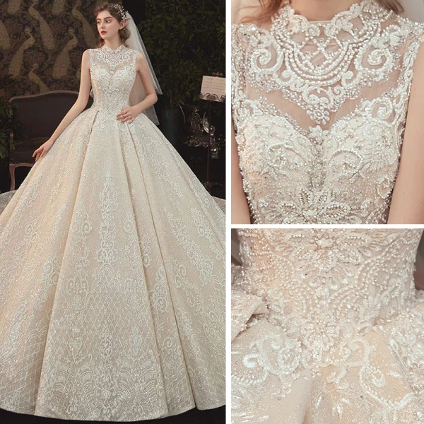 Vintage / Retro Champagne See-through Bridal Wedding Dresses 2020 Ball Gown High Neck Sleeveless Backless Appliques Lace Beading Glitter Tulle Cathedral Train Ruffle