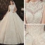Vintage / Retro Champagne See-through Bridal Wedding Dresses 2020 Ball Gown High Neck Sleeveless Backless Appliques Lace Beading Glitter Tulle Cathedral Train Ruffle