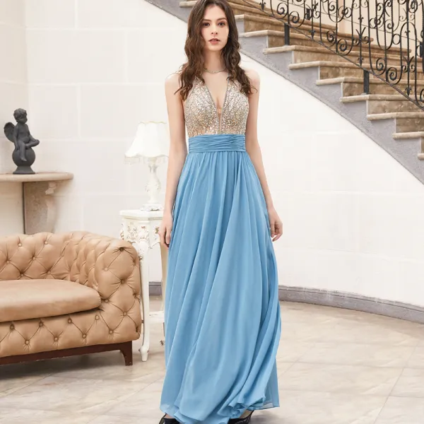 Sexy Ocean Blue Dancing Prom Dresses 2020 Empire See-through Deep V-Neck Sleeveless Beading Sequins Floor-Length / Long Ruffle Backless Formal Dresses