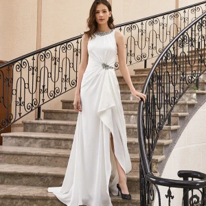 High End White Evening Dresses 2020 A Line Princess Scoop Neck Sleeveless Split Front Sweep Train Ruffle Formal Dresses