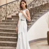 High-end White Evening Dresses  2020 A-Line / Princess Scoop Neck Sleeveless Split Front Sweep Train Ruffle Formal Dresses
