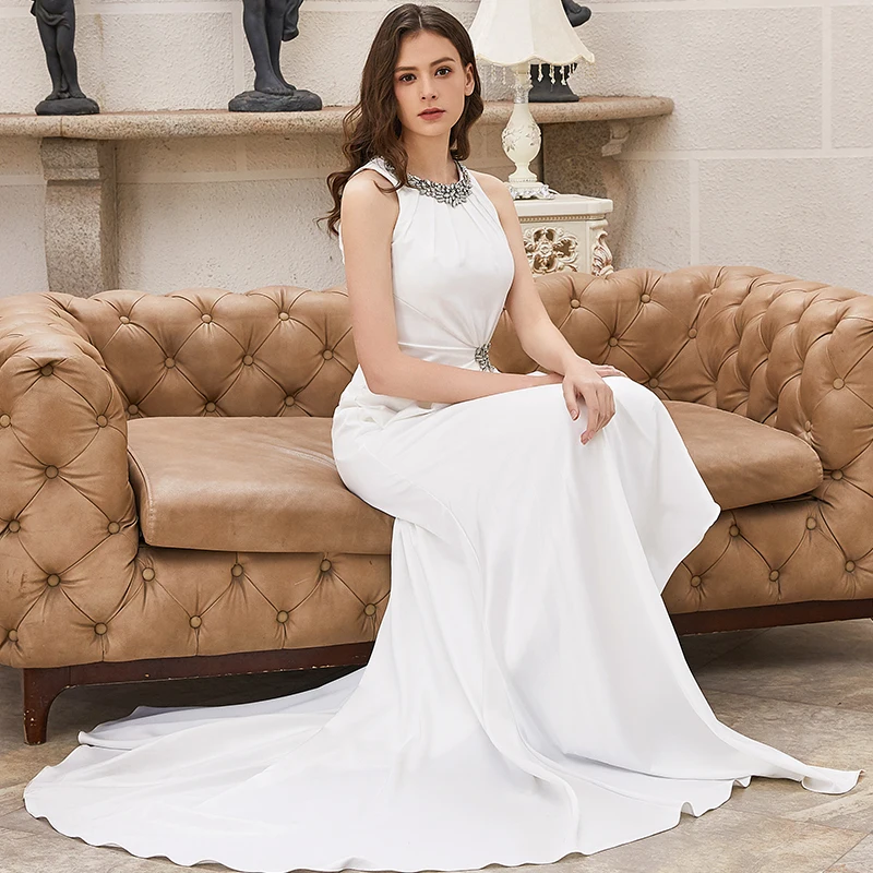 High End White Evening Dresses 2020 A Line Princess Scoop Neck Sleeveless  Split Front Sweep Train Ruffle Formal Dresses