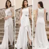 High-end White Evening Dresses  2020 A-Line / Princess Scoop Neck Sleeveless Split Front Sweep Train Ruffle Formal Dresses