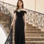 Haut de Gamme Noire Robe De Soirée 2020 Trompette / Sirène Transparentes Col Haut Manches Courtes Perlage Faux Diamant Train De Balayage Robe De Ceremonie