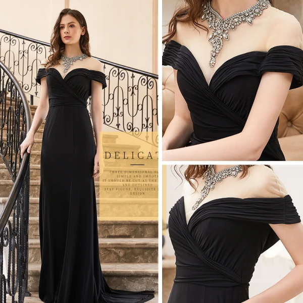 Haut de Gamme Noire Robe De Soirée 2020 Trompette / Sirène Transparentes Col Haut Manches Courtes Perlage Faux Diamant Train De Balayage Robe De Ceremonie