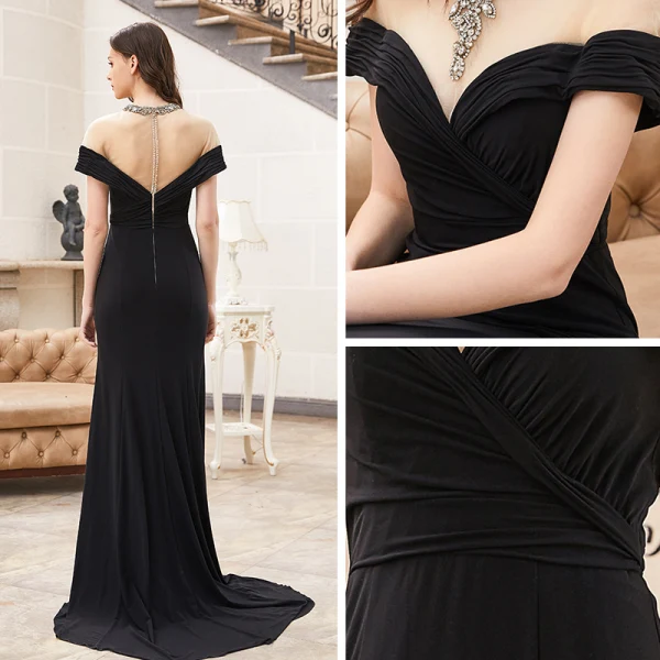 Haut de Gamme Noire Robe De Soirée 2020 Trompette / Sirène Transparentes Col Haut Manches Courtes Perlage Faux Diamant Train De Balayage Robe De Ceremonie