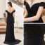 Haut de Gamme Noire Robe De Soirée 2020 Trompette / Sirène Transparentes Col Haut Manches Courtes Perlage Faux Diamant Train De Balayage Robe De Ceremonie