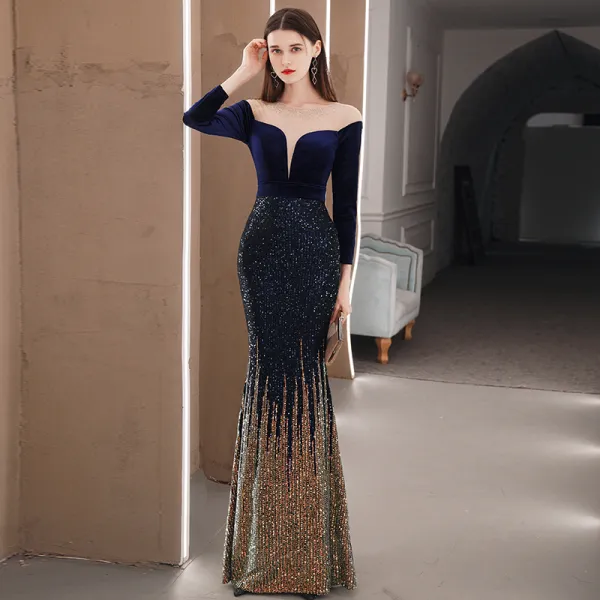 Sparkly Royal Blue Winter Evening Dresses  2020 Trumpet / Mermaid See-through Square Neckline Long Sleeve Rhinestone Floor-Length / Long Ruffle Formal Dresses