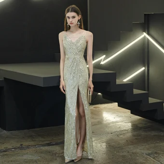 Sexy Silver Sequins Evening Dresses 2020 Trumpet Mermaid Spaghetti Straps Sleeveless Split Front Floor Length Long Backless Formal Dresses