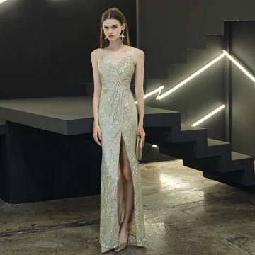 Sexy Argenté Paillettes Robe De Soirée 2020 Trompette Sirène Bretelles Spaghetti Sans Manches Fendue Devant Longue Dos Nu Robe De Ceremonie