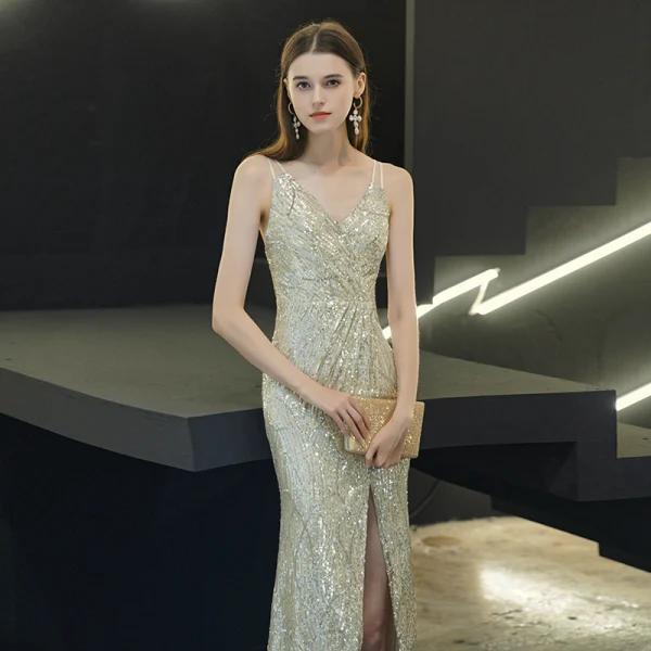 Sexy Silber Pailletten Abendkleider 2020 Meerjungfrau Spaghettiträger Ärmellos Gespaltete Front Lange Rückenfreies Festliche Kleider