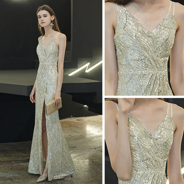 Sexy Silber Pailletten Abendkleider 2020 Meerjungfrau Spaghettiträger Ärmellos Gespaltete Front Lange Rückenfreies Festliche Kleider