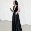 Sexy Black Satin Dancing Prom Dresses 2020 A-Line / Princess Deep V-Neck Sleeveless Floor-Length / Long Ruffle Backless Formal Dresses
