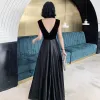 Sexy Black Satin Dancing Prom Dresses 2020 A-Line / Princess Deep V-Neck Sleeveless Floor-Length / Long Ruffle Backless Formal Dresses