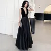 Sexy Black Satin Dancing Prom Dresses 2020 A-Line / Princess Deep V-Neck Sleeveless Floor-Length / Long Ruffle Backless Formal Dresses