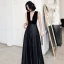 Sexy Black Satin Dancing Prom Dresses 2020 A-Line / Princess Deep V-Neck Sleeveless Floor-Length / Long Ruffle Backless Formal Dresses