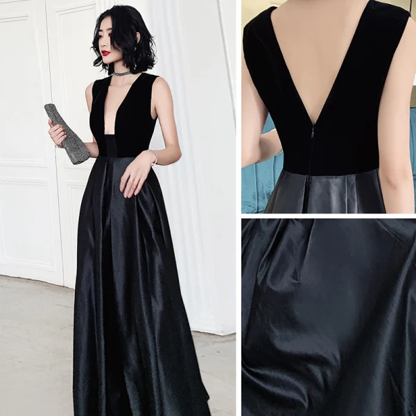 Sexy Black Satin Dancing Prom Dresses 2020 A-Line / Princess Deep V-Neck Sleeveless Floor-Length / Long Ruffle Backless Formal Dresses