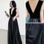 Sexy Black Satin Dancing Prom Dresses 2020 A-Line / Princess Deep V-Neck Sleeveless Floor-Length / Long Ruffle Backless Formal Dresses