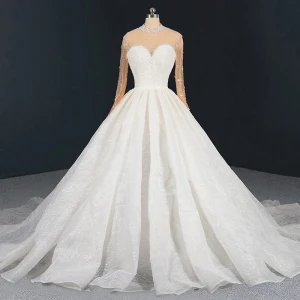 Luxe Ivoire Transparentes La Mariée Robe De Mariée 2020 Robe Boule Col Haut Manches Longues Fait Main Perlage Perle Paillettes Cathedral Train Volants