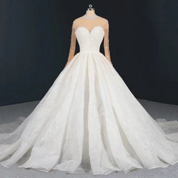 Luxe Ivoire Transparentes La Mariée Robe De Mariée 2020 Robe Boule Col Haut Manches Longues Fait Main Perlage Perle Paillettes Cathedral Train Volants