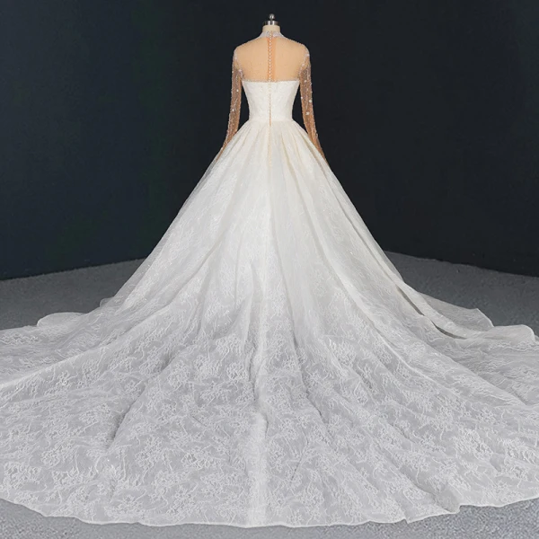Luxury / Gorgeous Ivory See-through Bridal Wedding Dresses 2020 Ball Gown High Neck Long Sleeve Handmade  Beading Pearl Sequins Cathedral Train Ruffle