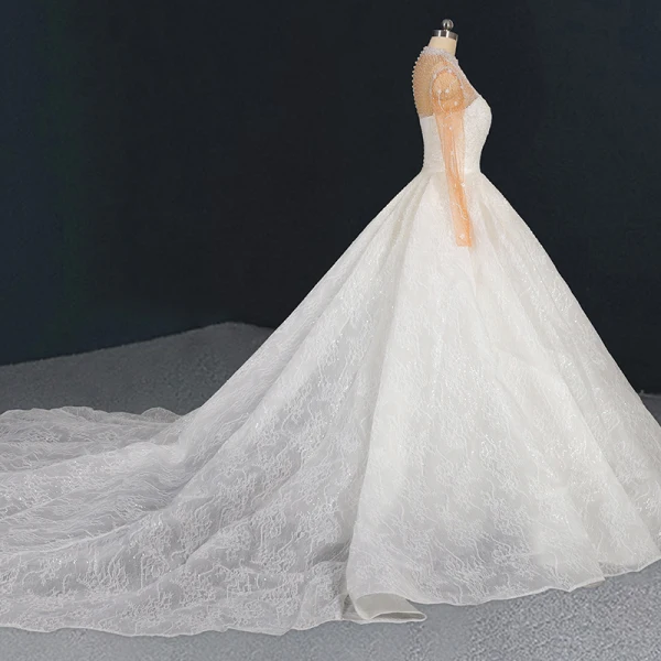 Luxury / Gorgeous Ivory See-through Bridal Wedding Dresses 2020 Ball Gown High Neck Long Sleeve Handmade  Beading Pearl Sequins Cathedral Train Ruffle